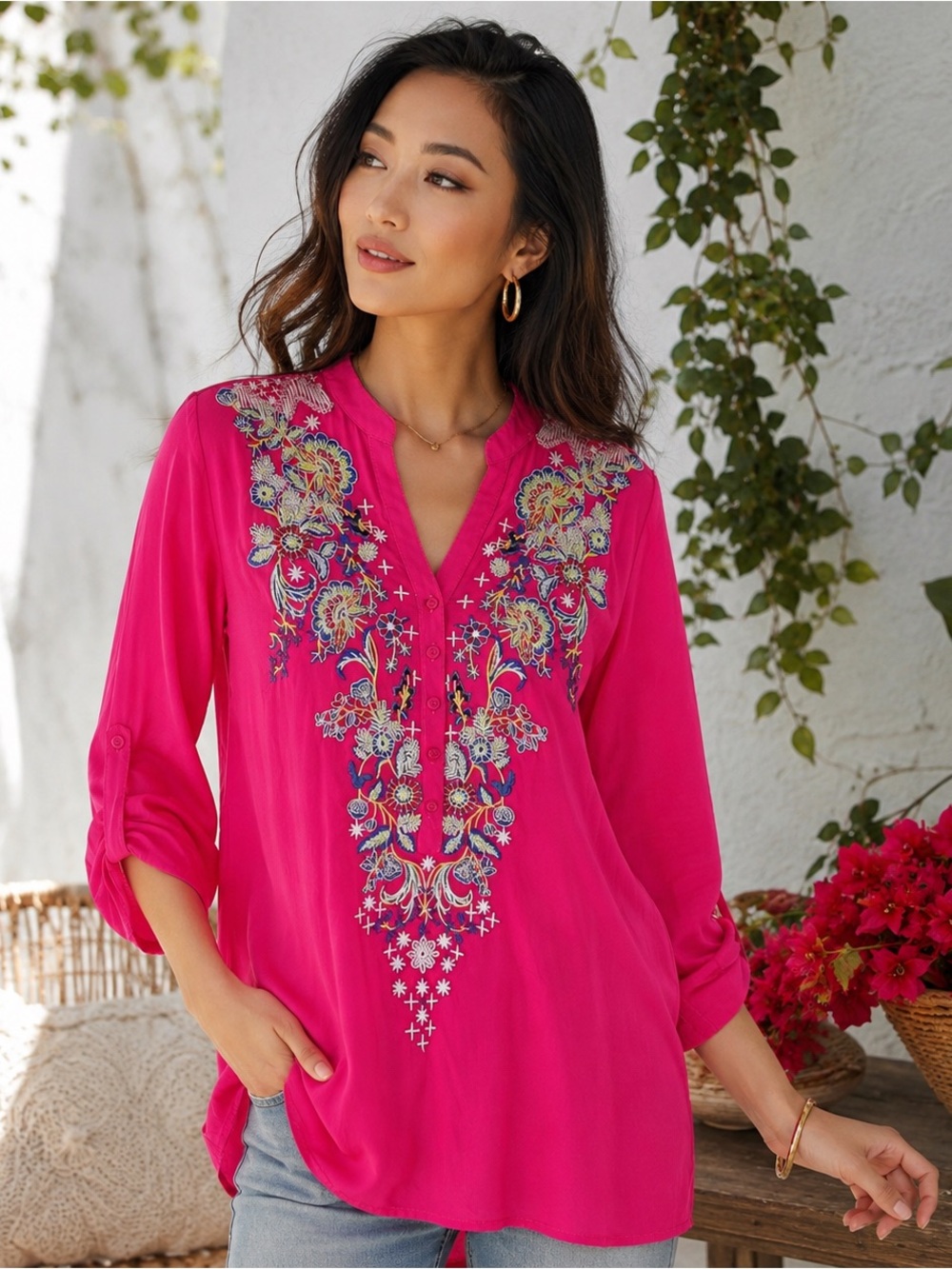 Luna Moon for Anthropologie Hot Pink Embroidered Floral Boho Tunic Top S